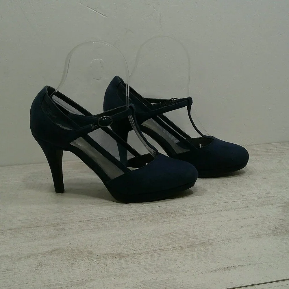 Worthington Retro Pin-up Style Blue Suede Mesh T-Strap Heels Size 6